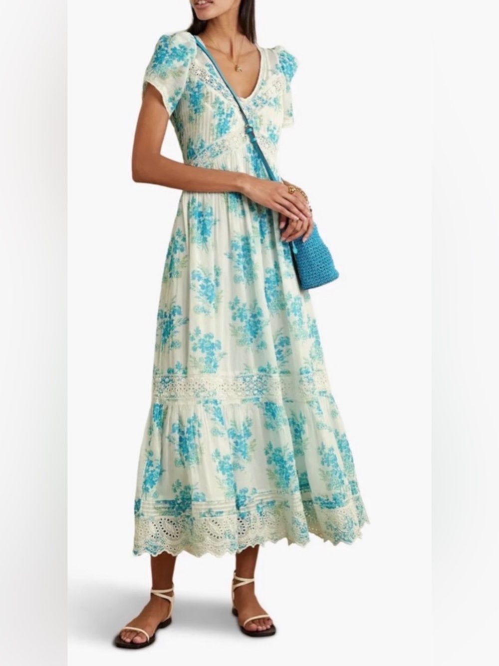 LoveShackFancy Galil Lace Trimmed Midi Dress Size 2 100% Cotton